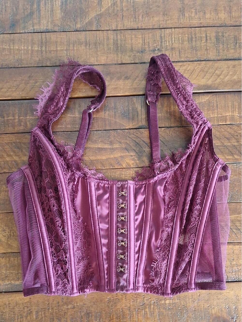 Victorias Secret Dream Angels Purple Sheer Lace Corset Bra Lingerie Size Xs